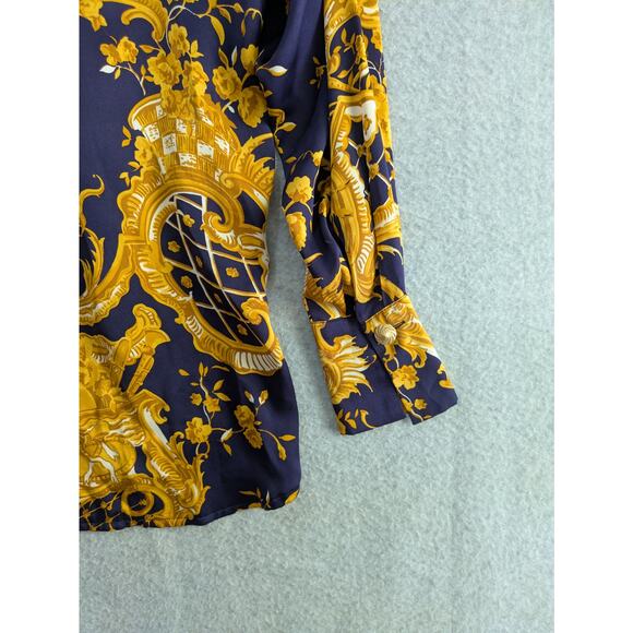 Crisca Tunic Blouse Women 34 Baroque Print 100% Silk Long Sleeve Flowy Navy Gold - Picture 12 of 16